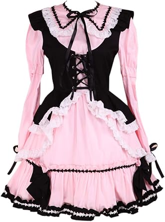 Antaina Pink Cotton Black Vest Ruffle Lace Bows Gothic Maid Lolita Cosplay Dress