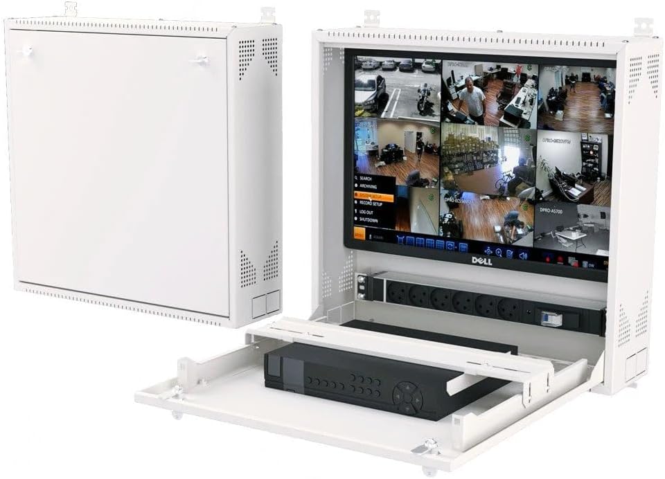 Wall-Mount DVR/NVR Security Enclosure, Lockable Steel Cabinet with 1U Adjustable Rail, Ventilated, 22″ W × 21.2″ H × 5.9″ D, Black (RAL 9005) – STURDX