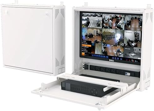 Wall-Mount DVR/NVR Security Enclosure, Lockable Steel Cabinet with 1U Adjustable Rail, Ventilated, 22 W x 21.2 H x 5.9 D, White RAL 7035 STURDX