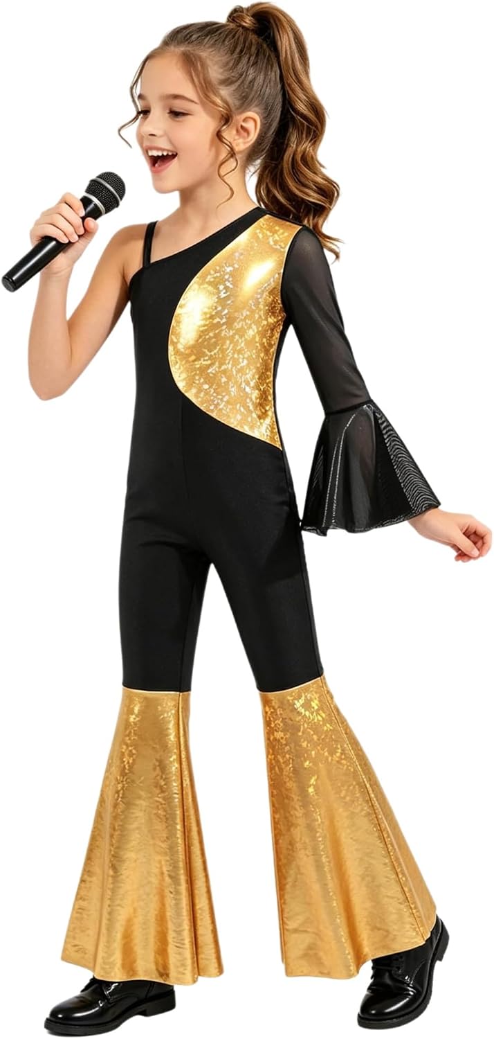 MSemis Girls Sequins Gymnastics Dance Unitard One Shoulder Sleeve Bell-bottomed Jumpsuit for Disco Party