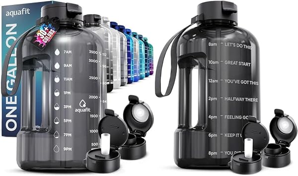 AQUAFIT 2 Pack - 2 x 1 Gallon Water Bottle With Time Marker - Big Water Bottle With Straw - BPA Free Gym Water Bottle With Handle - Gallon Water Jug