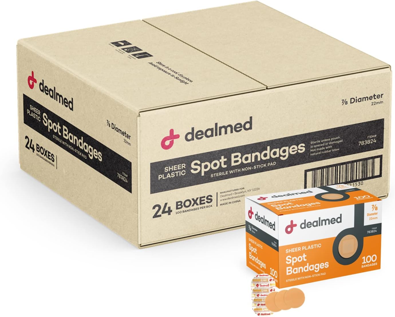 Dealmed Sheer Plastic Spot Bandages – 7/8” Small Round Sterile Strips, Adhesive Outer with Non-Stick Pad, Latex Free, Wound Care for First Aid Kit, 100 per Box (24 Pack)