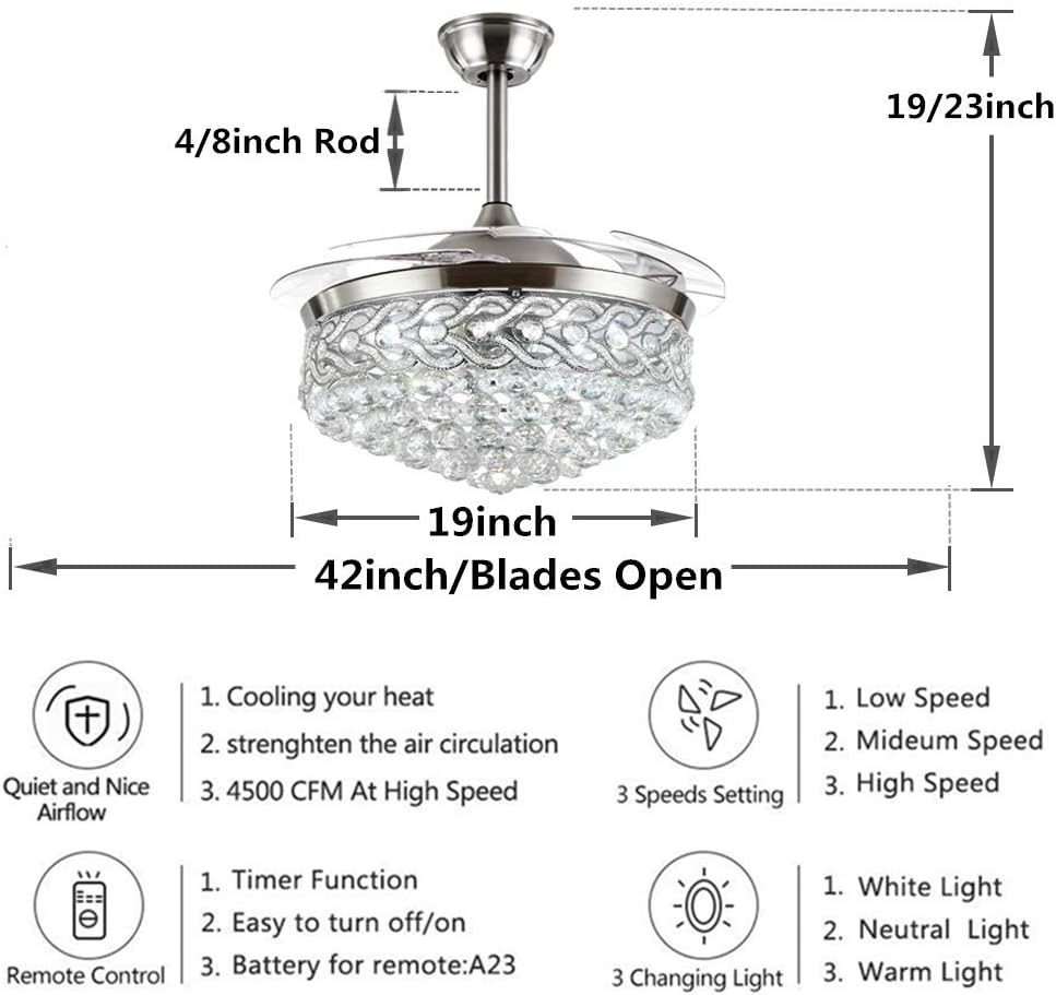 42" Modern LED Ceiling Fan with Remote,3 Color Changes Retractable Crystal Silver Chandelier Fandelier Lighting for Bedroom Living Room