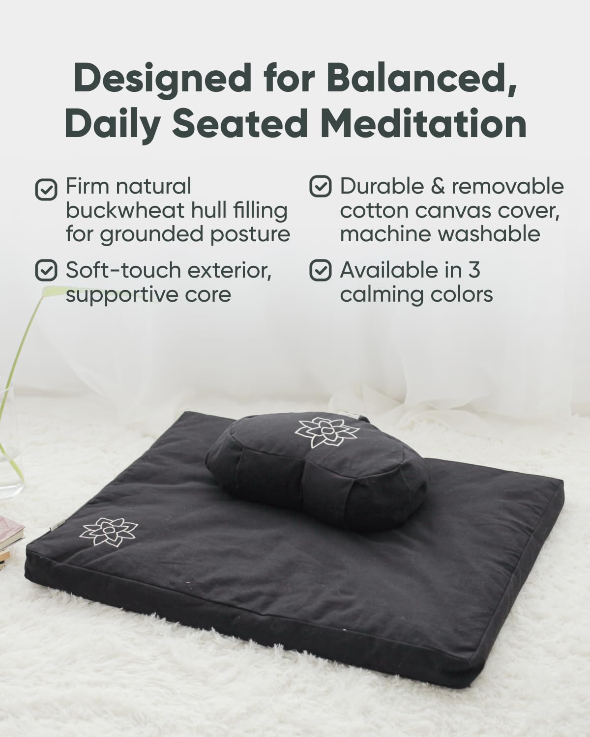 Cojín de meditación grande Mindful & Modern | Zafu Yoga Bolster Meditación cojín de suelo | Cojín relleno de casco de trigo sarraceno en forma de media luna con funda extraíble lavable + asa de