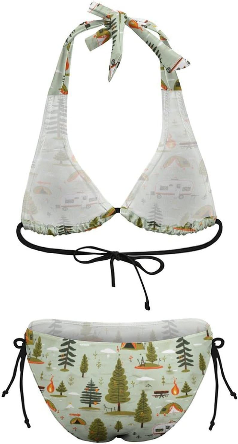 Camping Pattern Novelty Women's 2 Piece String Bikini Set Swimsuits Bathing Suit Swimwear