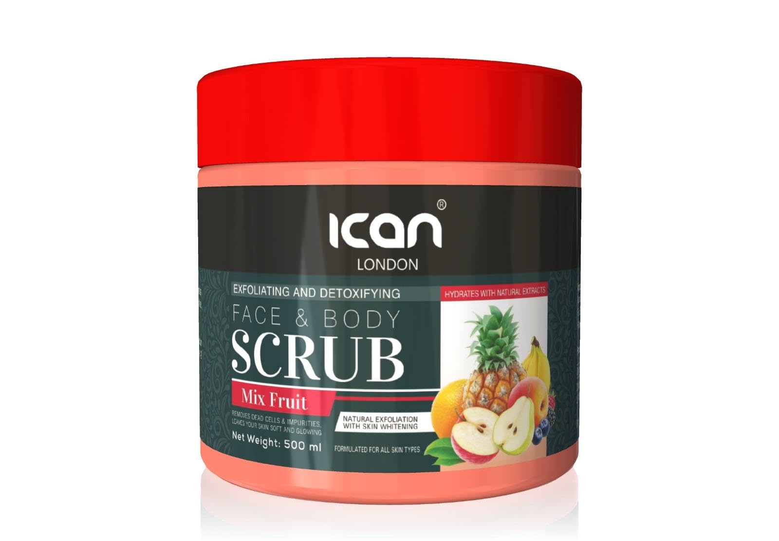 ICan London Mix Fruit Exfoliating and Detoxifying Face and Body Scrub, 500ml, 500 ml (Pack of 1)