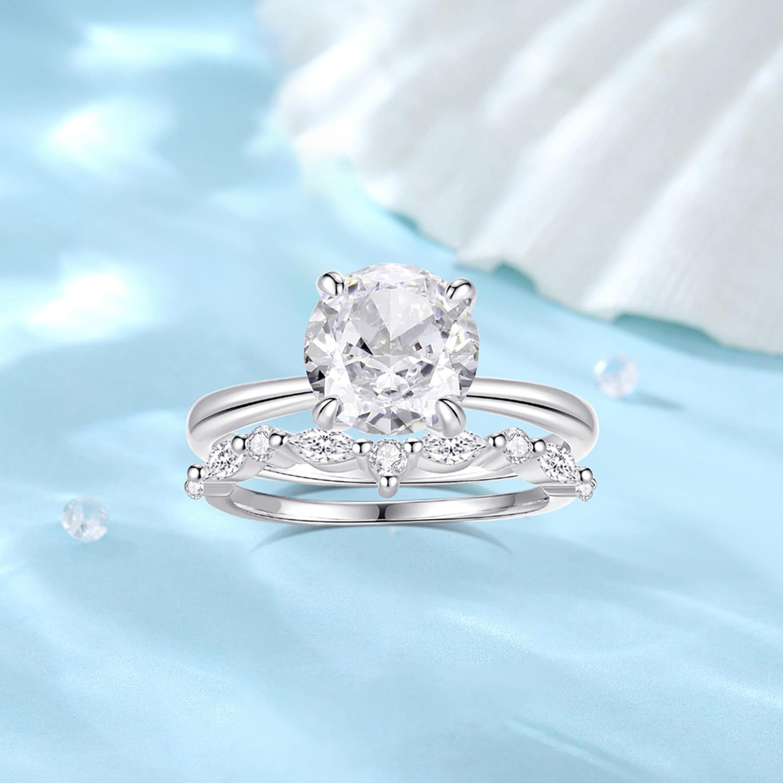 Set di fedi nuziali in oro bianco 18 carati per lei, classico anello impilabile in moissanite da 2 carati, personalizzabile