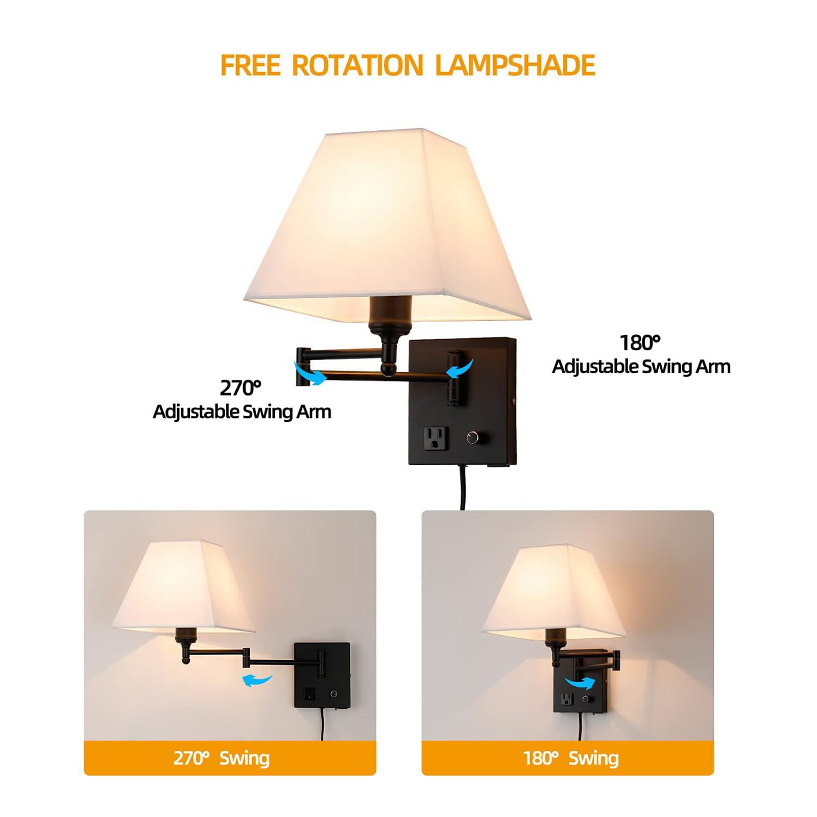 Bedside Wandleuchte 270° Drehbare Verstellbar Schwenkarm Wandlicht Lampen mit Stecker Kabel Wandlampe mit Schalter Wandbeleuchtung E27 Leselampe Moderne für Hotel Schlafzimmer (Silber,1 Stück)