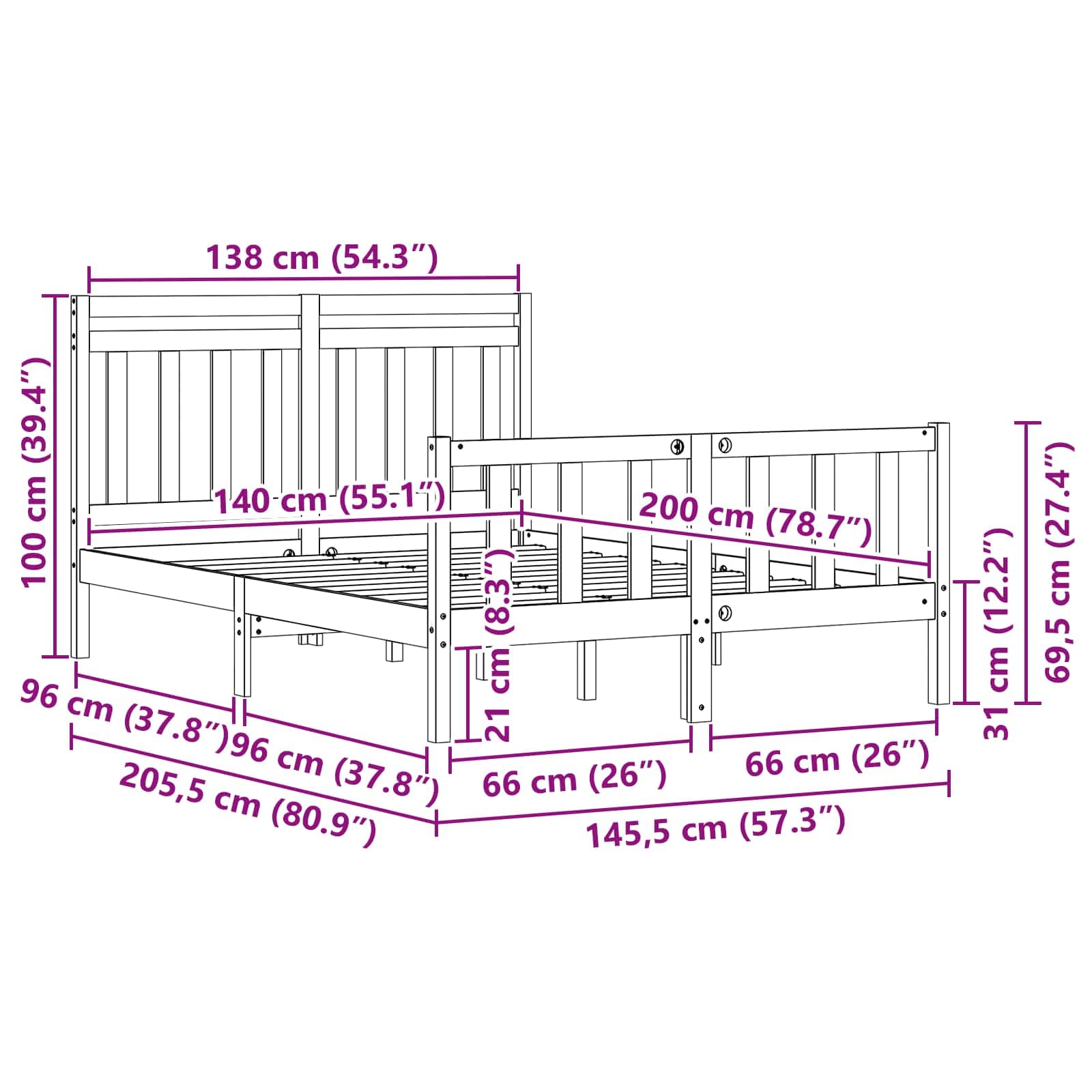 Estructura de Cama de Madera Maciza de Pino marrón Cera, 205,5 x 145,5 x 100 cm, Cama somier con cabecero para Dormitorio, Soporte para colchón matrimonial Grande, Descanso para 2 Personas