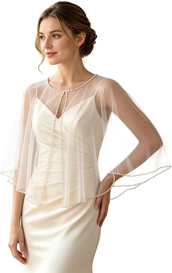 Pearl Shawl for Women, Elegant Tulle Sheer Bridal Cape