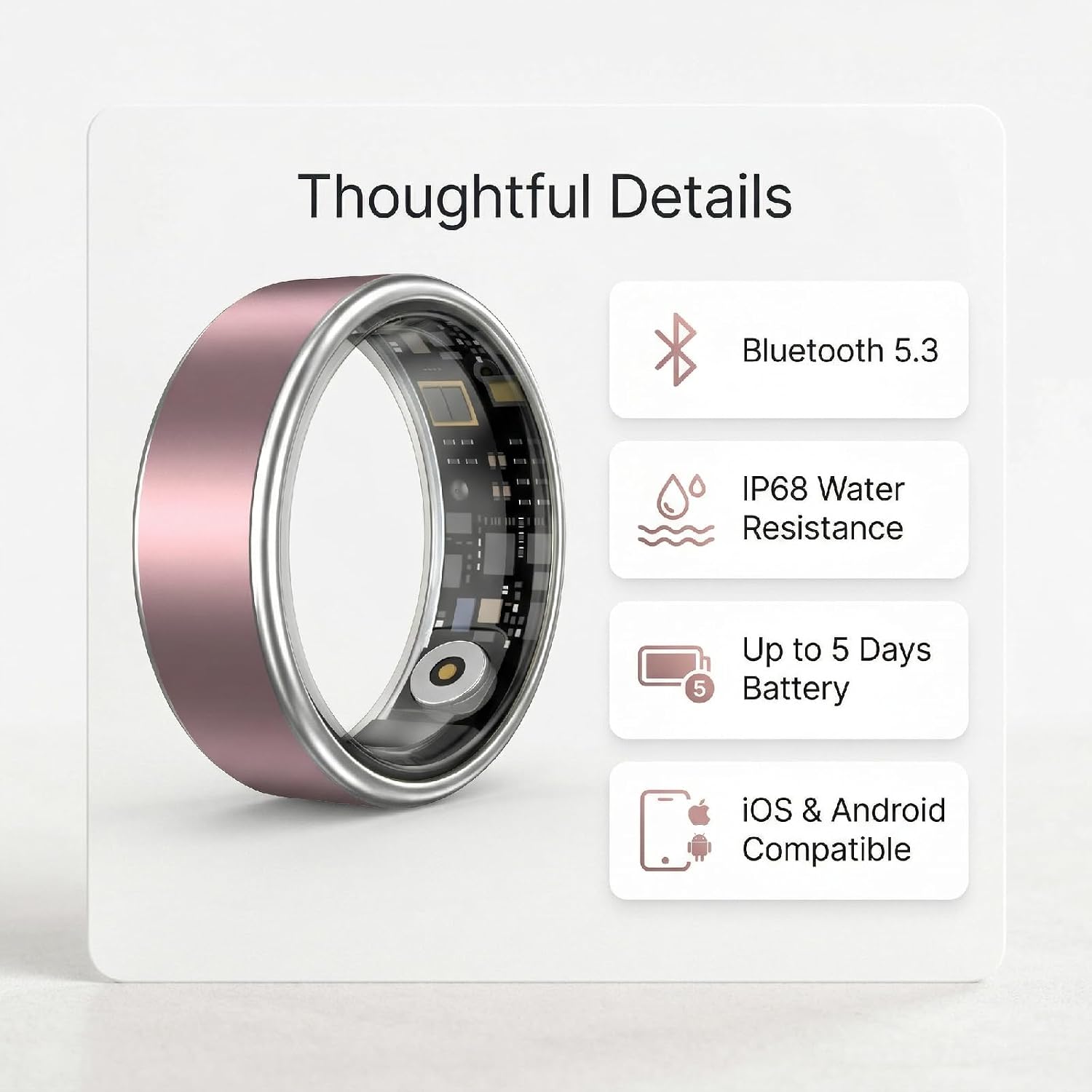 Smart Ring Fitness Tracker for Men Women, Sleep Tracker with Heart Rate & Blood Oxygen Monitoring, Activity Tracker, Waterproof Health Tracking Ring for iOS Android (Pink, 9#)