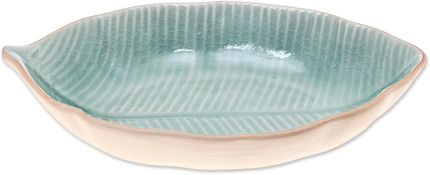NOVICA Artisan Handmade Celadon Ceramic Serving Bowl Leafshaped from Thailand Green Tableware Serveware Bowls Tree [bowl 2.6in H x 11.5in W x 7.25in D 18 Oz.] ' Thai Leaf'