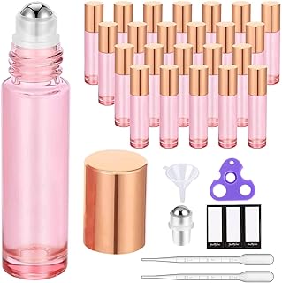 PrettyCare 24 Pack, 10 ml Essential Oil Roller Bottles with Stainless Steel Roller Ball - Refillable Leak-proof Empty Thick Pink Glass Roll on Bottles with Metal Caps for Travel, Perfume