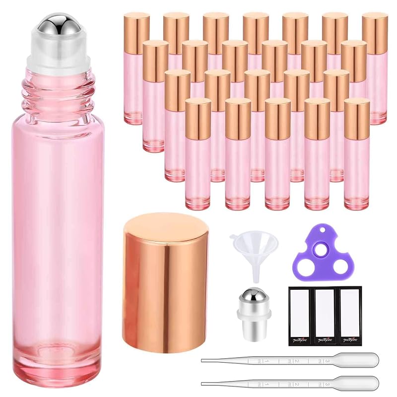 PrettyCare 24 frascos roll-on de vidro rosa de 10 mL com esfera de aço inoxidável, tampas metálicas e acessórios