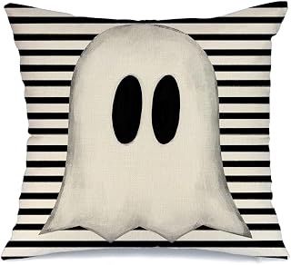 AACORS Halloween Decor Throw Pillow Cover 18X18 Ghost Decorations Farmhouse Decorative Stripes Cushion Case Autumn for Home Sofa Couch