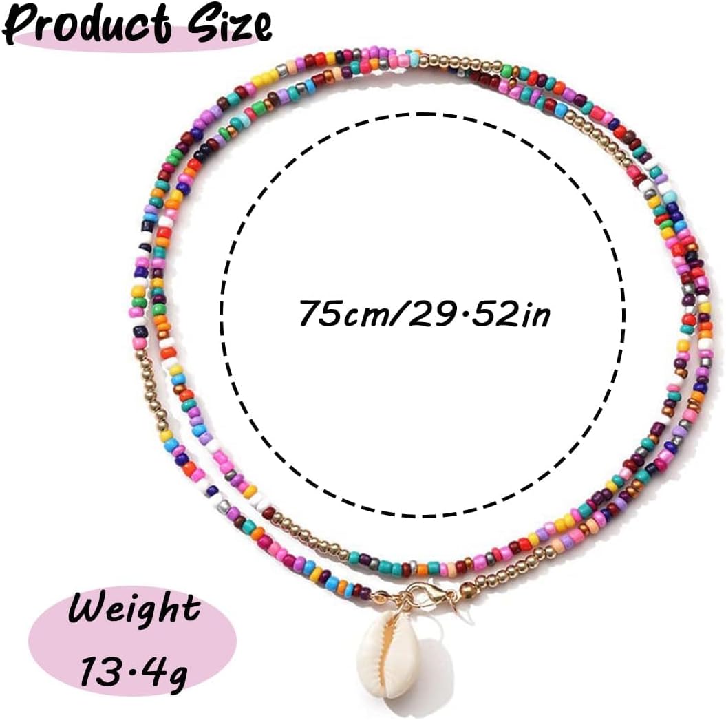 Boho Beaded Choker Necklace with Cowrie Shell Pendant – Colorful Seed Bead Layered Beach Necklace for Women, Buckle