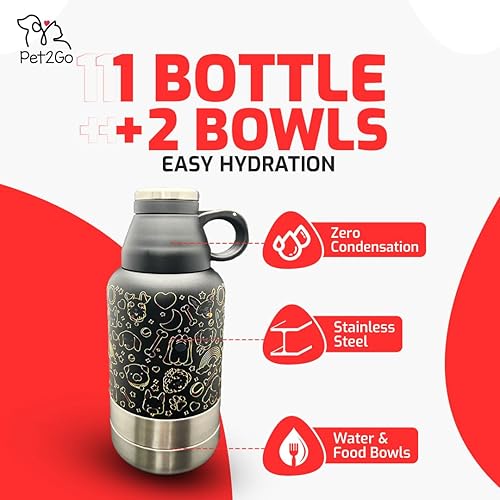 Miniatura 2 de Botella de agua de viaje para perros de 32 onzas con soporte para golosinas y cuencos desmontables  Dispensador de agua aislado y portátil de acero