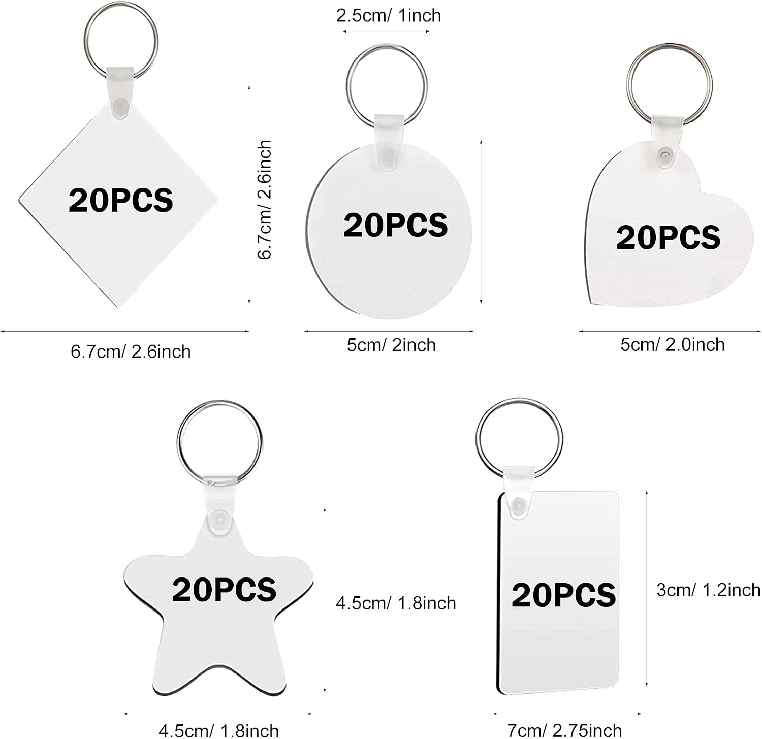 Sublimation Blanks Keychains, Heat Transfer Keychains Double-Sided, Blank Keychains Sublimation Keychains for Heat Transfer, DIY Craft Supplies (50 PCS 5 Shapes)