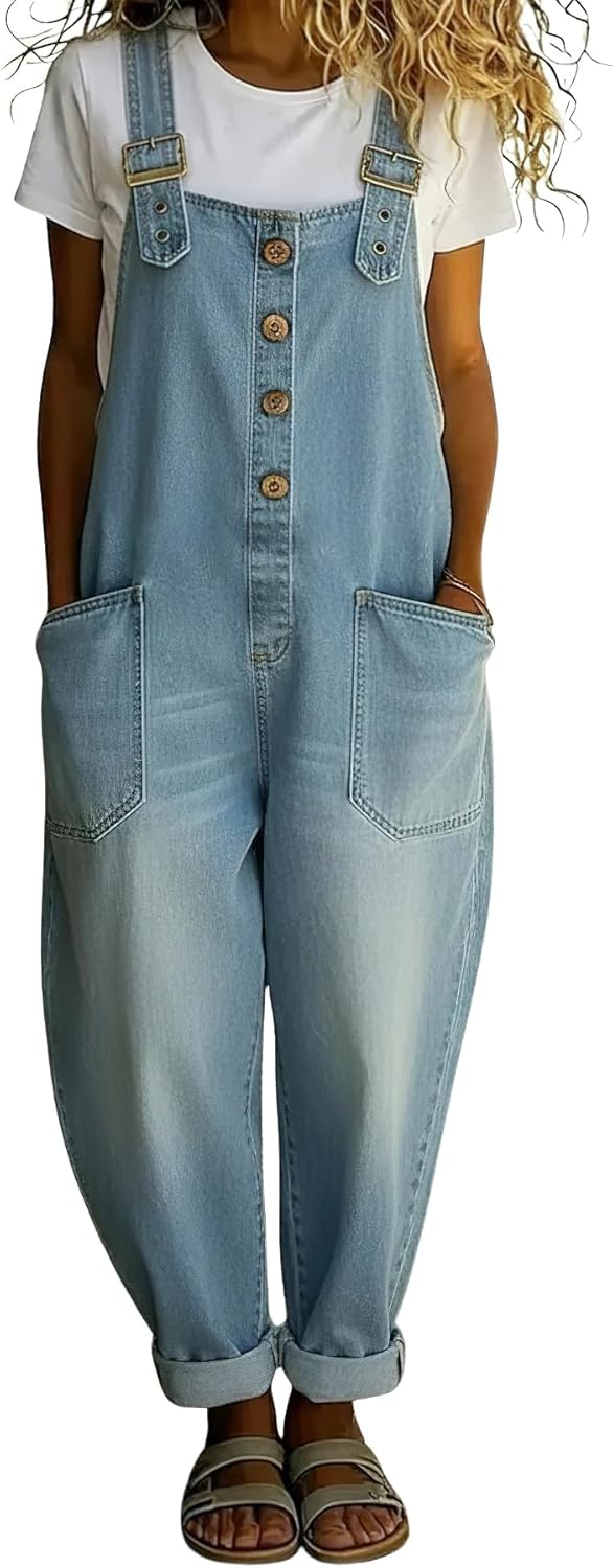 chouyatou Women's Y2K Denim Bib Overall Pants Button Front Wide Leg Jean Jumpsuits Vintage Loose Romper