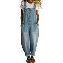 chouyatou Womens Y2K Denim Bib Overall Pants Button Front Wide Leg Jean Jumpsuits Vintage Loose Romper