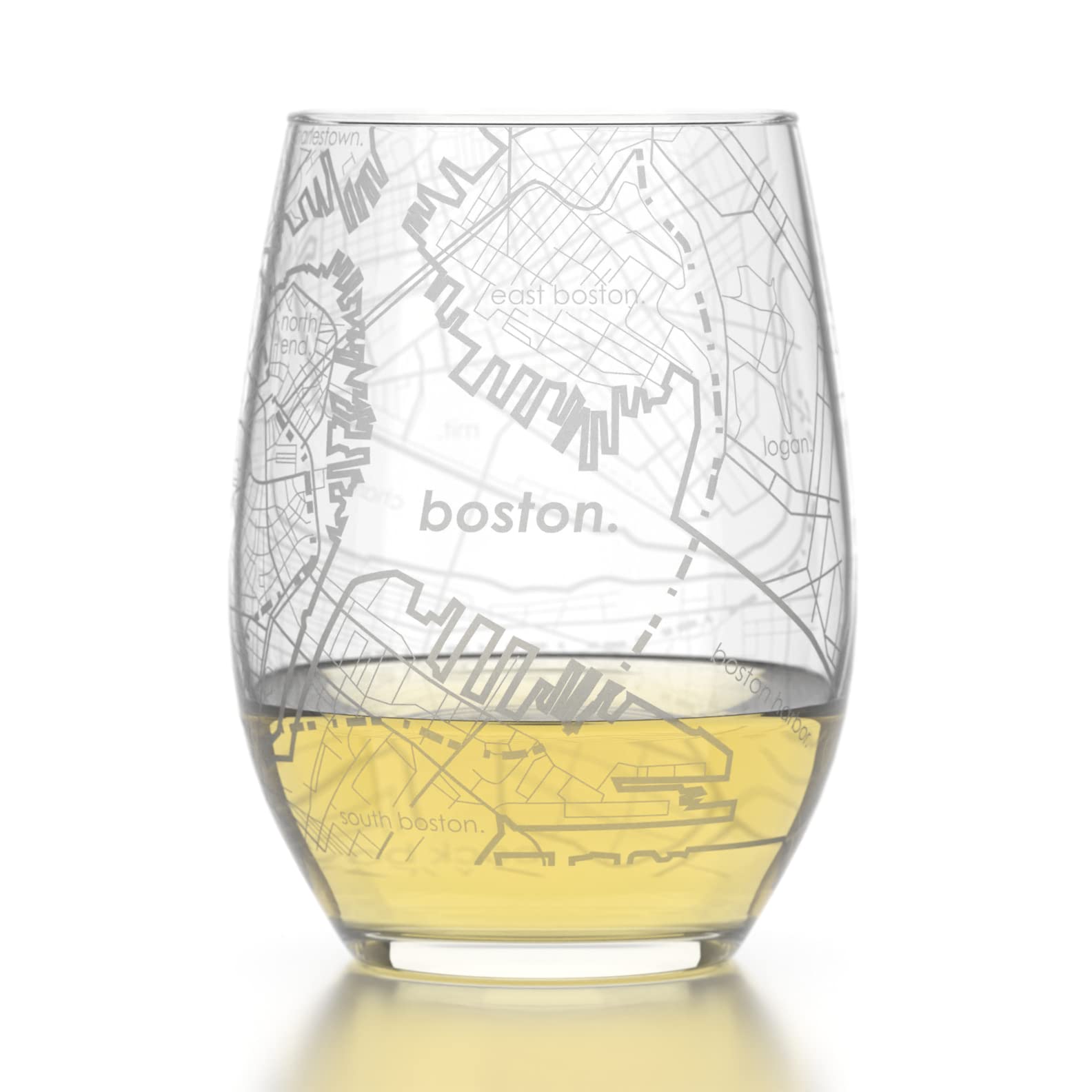 Well Told Engraved Boston Massachusetts Map Stemless Glass (15 oz, Clear) City Map Wine Glass, Custom Gift for Wine Lovers