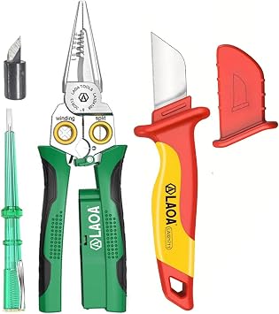 LAOA Wire Stripper with Electricity Measurement,8-in-1 Wire Stripping Pliers for Cutting,Pulling wires,Cable Scissors for Scraping,Pressing Wires,with Voltage Test,with LA321711 Insulation Knife
