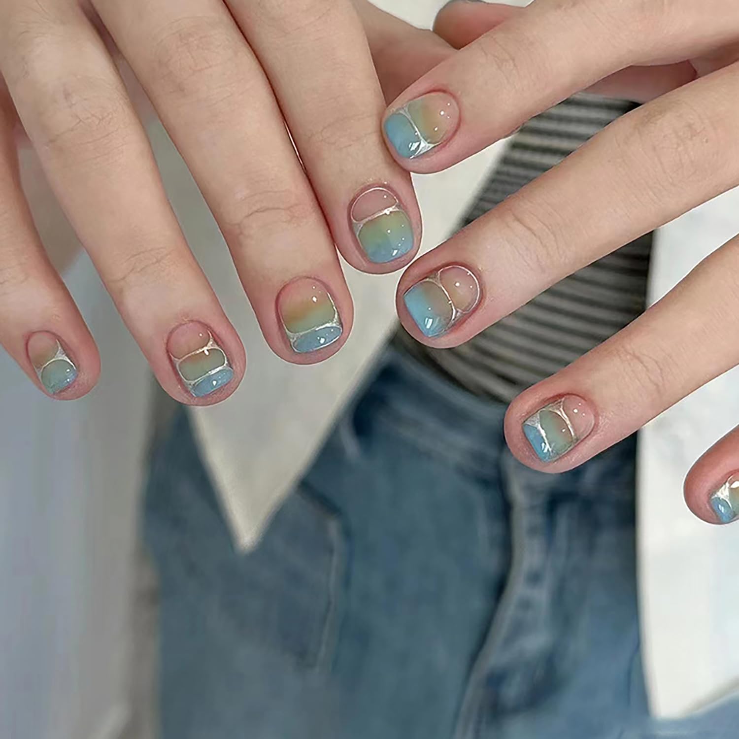 Blue Green Gradient Nails: Short Square False Nails with Silver Lines in Coffin Style - Full Cover Short Fake Nails, Nature Fit, Stick on, Glue on for