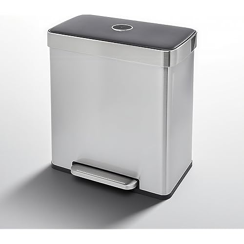 Bigacc Kitchen Trash can Brushed Stainless Steel Dual Trash can 2 x 8 Gal Garbage Can Kitchen Step Trash Can with Soft-Close Lid Mute Designed Trash Bin for Office, Silver