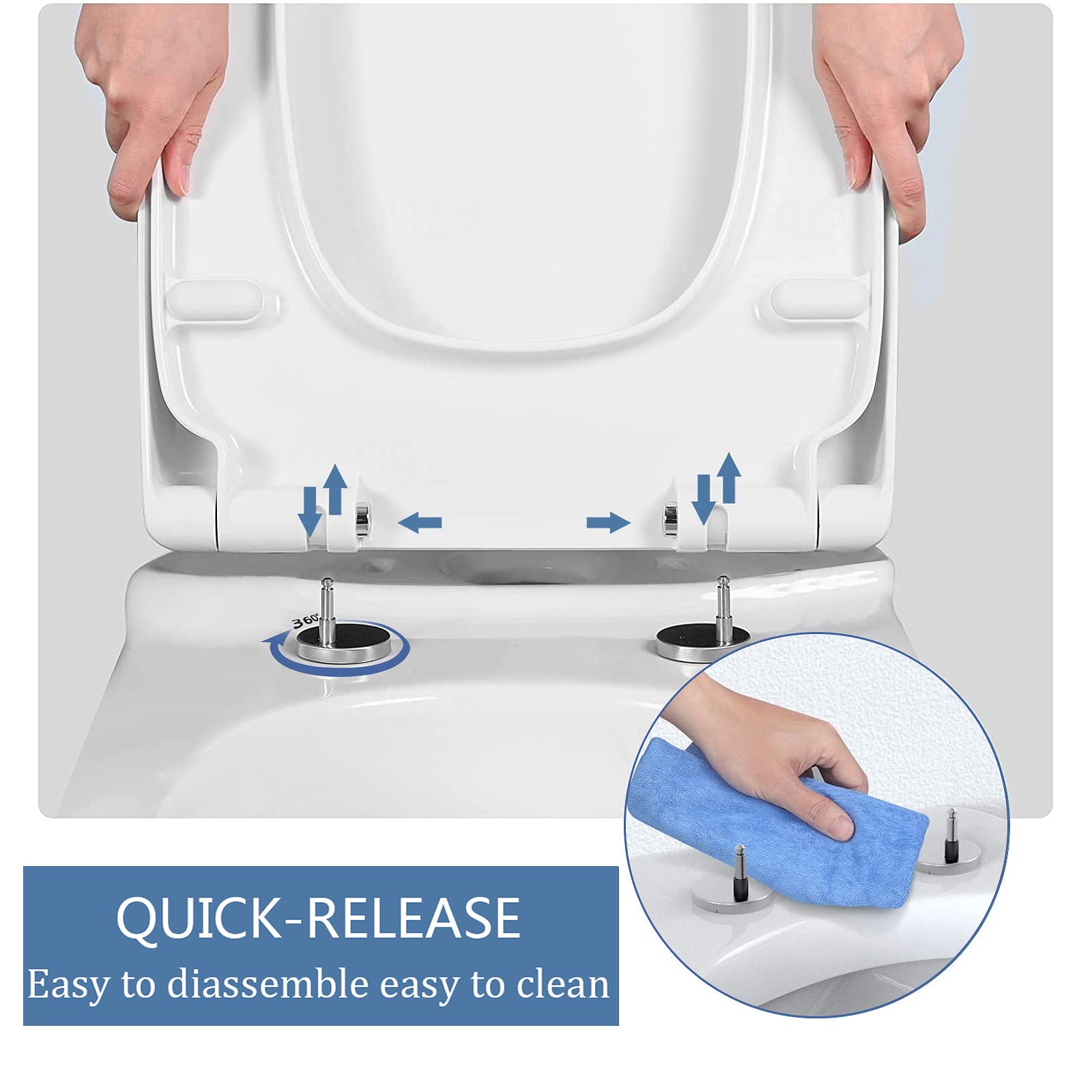Asiento de inodoro de liberación rápida Asiento de inodoro de cierre suave Asiento de taza de inodoro Asiento de inodoro duradero Tapa de inodoro con bisagras ajustables Compatible con inodoros