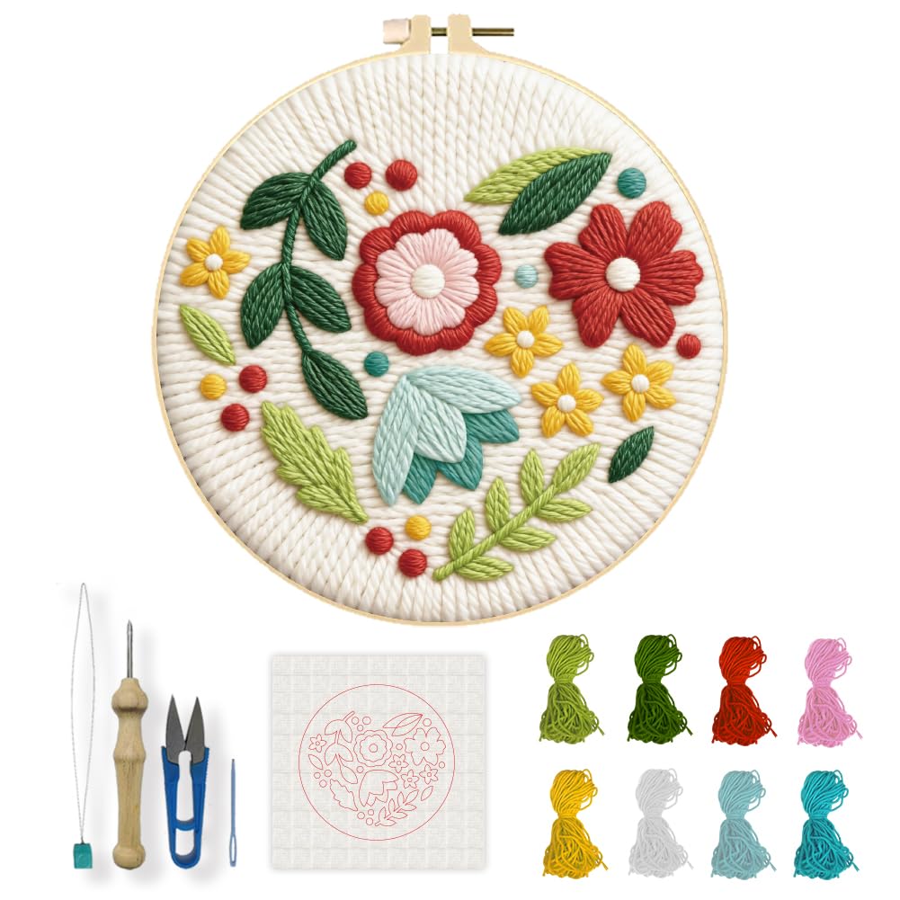 INFUNLY Flower Leaf Punch Needle Embroidery Kit 8.7" DIY Punch Embroidery Kit for Adults Floral Seed Needlepoint Starter Set Round Needles Stitching Kits with Instruction for DIY Craft Lovers Gift