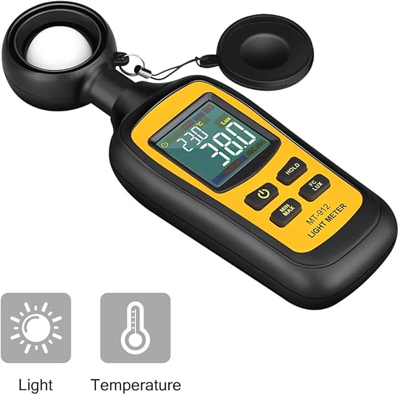 Light Meter Digital Illuminance Meter Handheld Ambient Temperature Measurer, Range up to 200,000 Lux, Luxmeter with 4 Digit Color LCD Screen