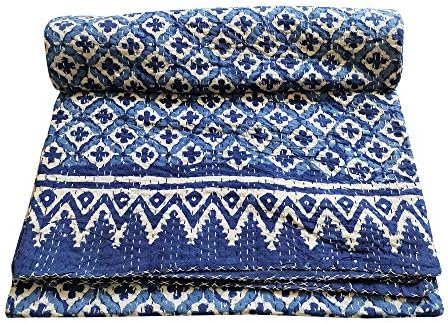 thehandicraftworld New Indian Cotton Hand Block Print Queen Quilt Kantha Bedspread Coverlet Bedding
