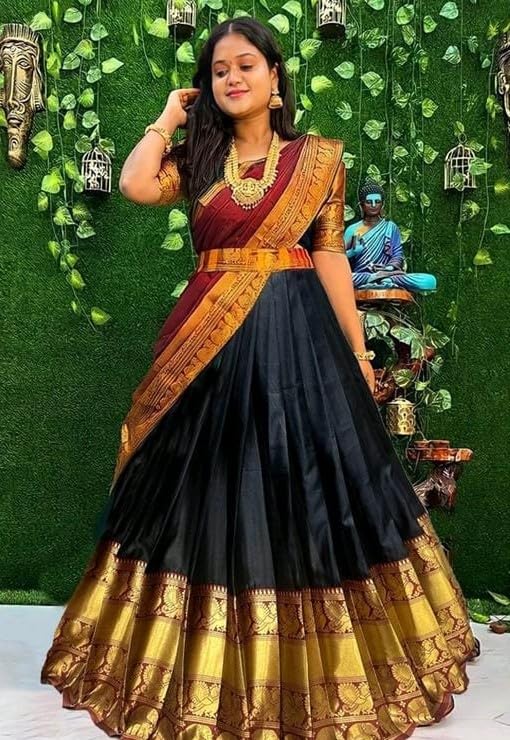Image of Renvani Fashion Women's Printed Pattern Art Silk Semi-Stitched Lehenga Choli Set Unstitched Blouse Piece and Zari Lace Work