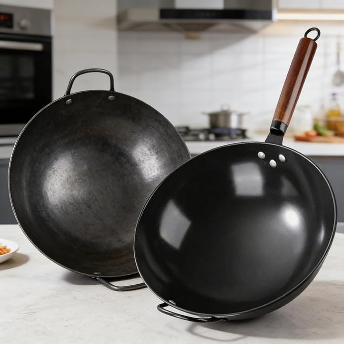 Wok de acero al carbono tradicional con mango de madera miniatura 7