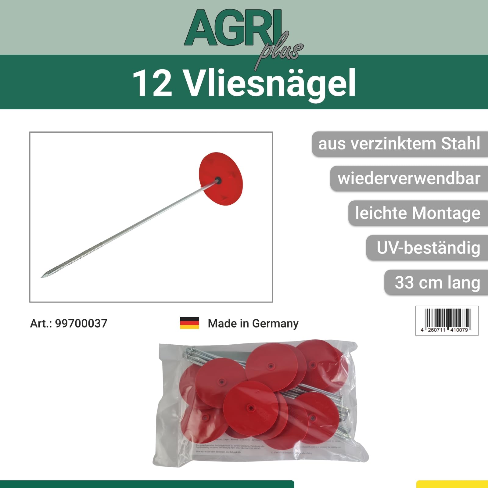 AGRI plus Vliesnägel 33cm I 12 Stück I Hochwertige Metall-Nägel aus verzinktem Stahl I Ideal zur Befestigung von Strohvlies & Heuvlies I wiederverwendbar, UV- & witterungsbeständig