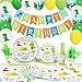 Set di Forniture per Feste Dinosauri Piatti Tazza Tovaglioli Tovaglia Buon Compleanno Banner Palloncini Riutilizzabili Set Stoviglie per Festa di Compleanno Dinosauri per Ragazzi