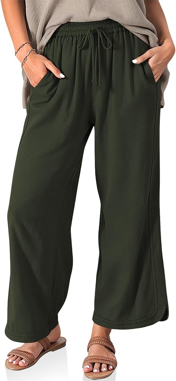 TARSE Women Linen Wide Leg Pants Casual Loose Drawstring Summer Beach Travel Vacation Palazzo Pants with Pockets
