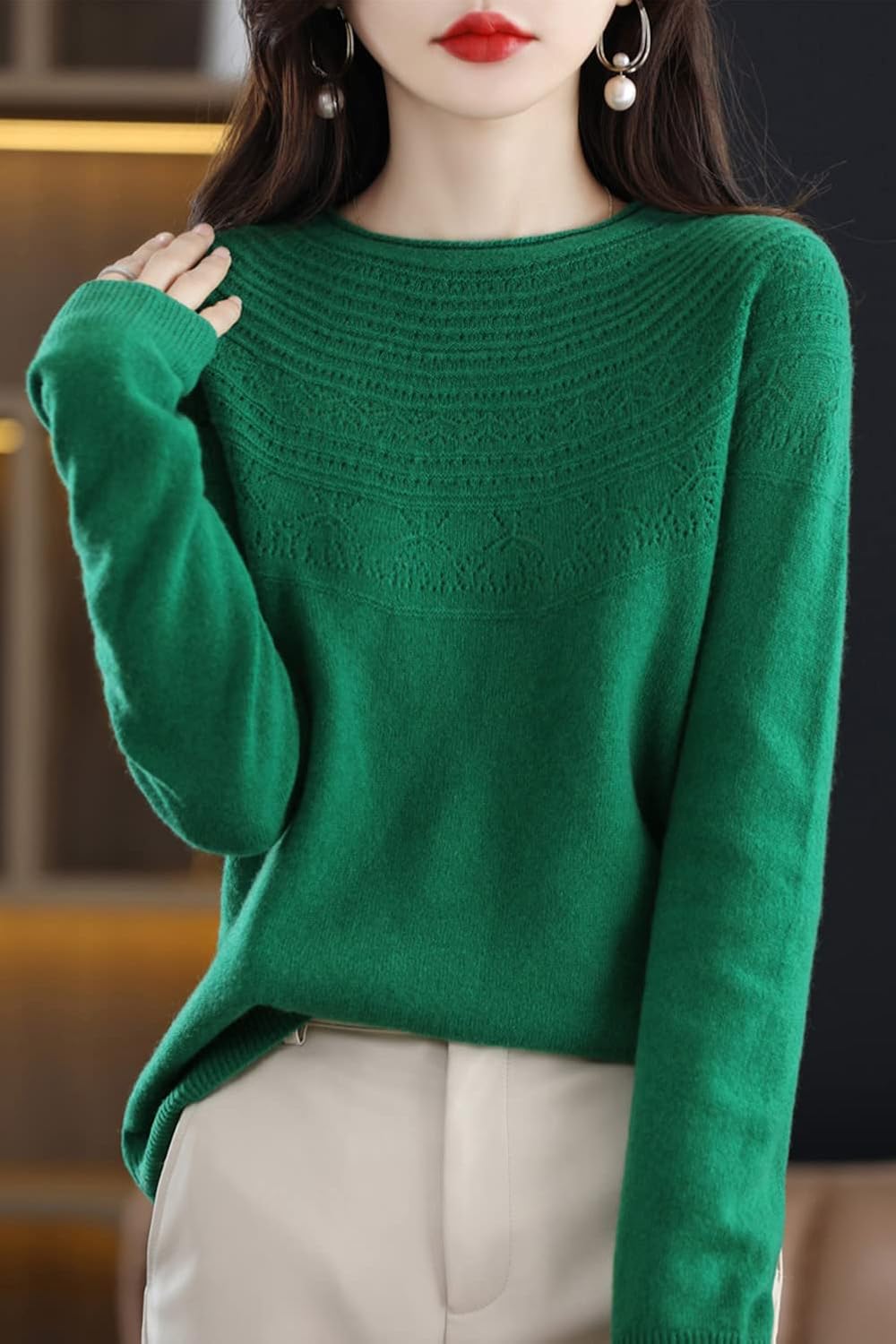 100% Merino Wool Sweaters Women's Fall Winter Warm Soft Knitted Loose Pullover Crew Neck Long Sleeves - Image 5
