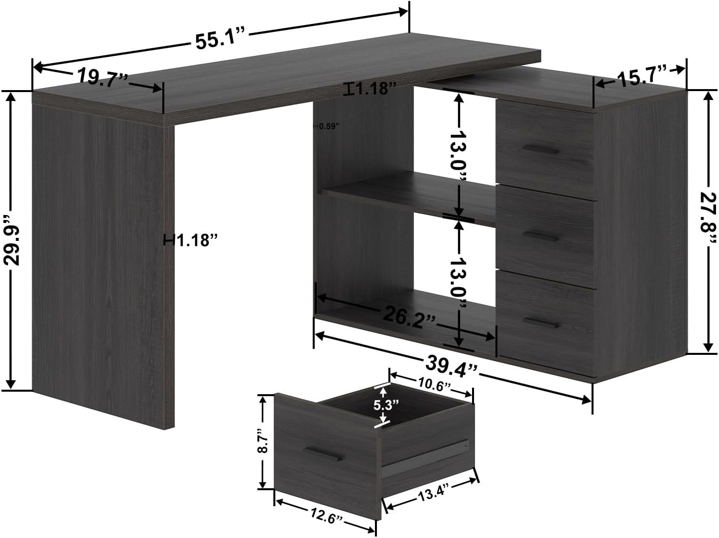 Dimensions of the HSH L Shaped Desk in a standard L-shape configuration
