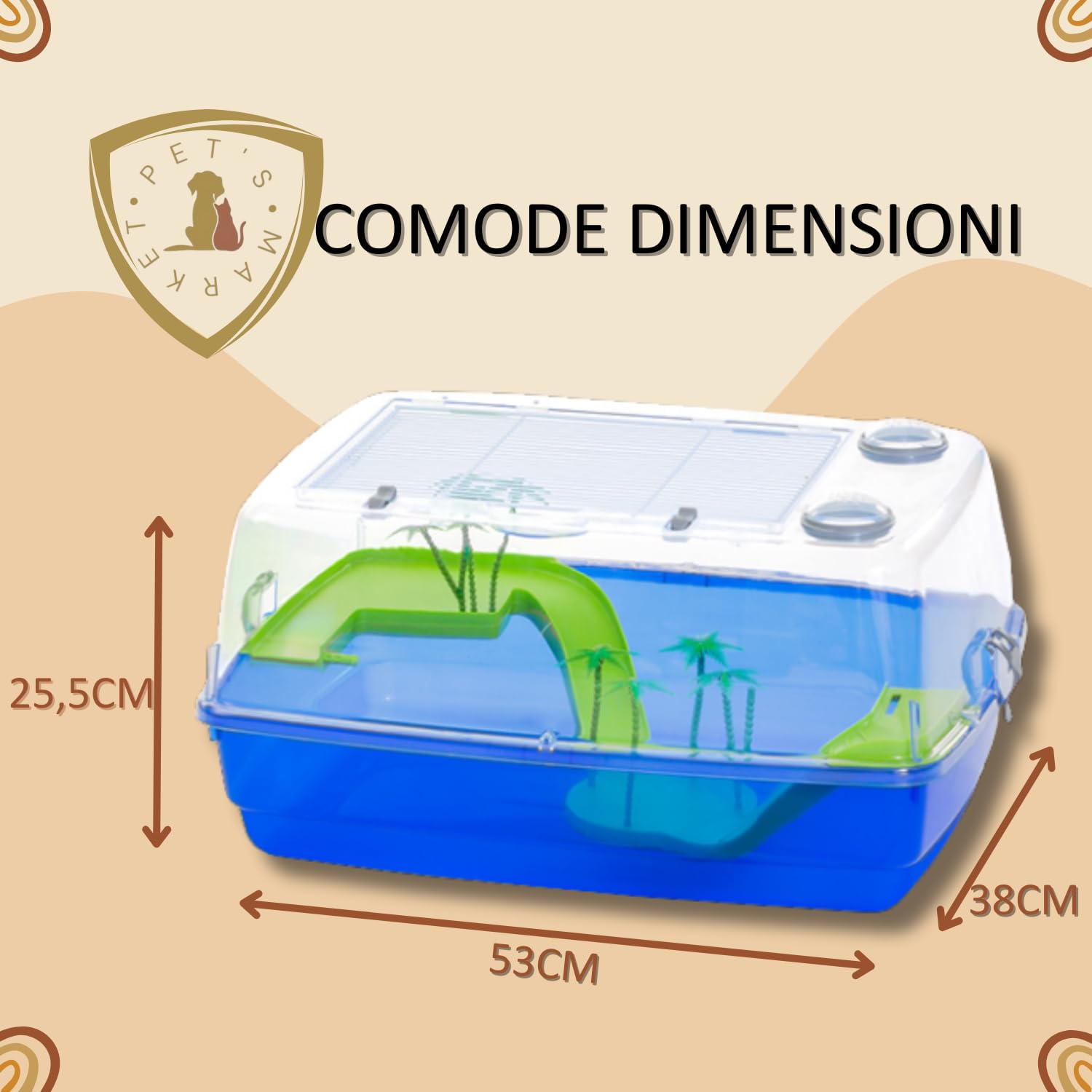 Pet's Market Corfù Tartarughiera Acquario tartarughe d'acqua Tartarughe adulte piccole Tartarughiera chiusa coperchio rimovibile doppia chiusura di sicurezza apertura superiore isola palme 53x38x25.5