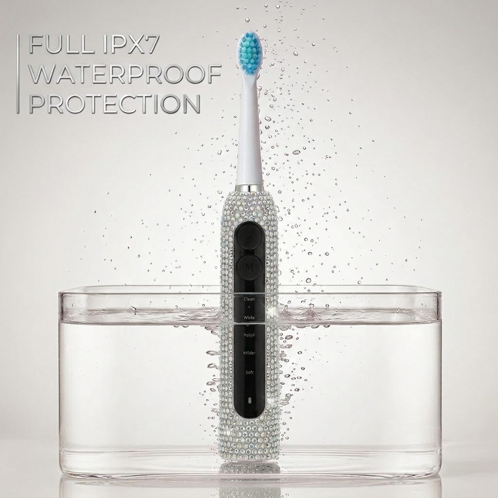 Diamond Sonic - Cepillo de dientes eléctrico brillante recargable para adultos con 6 cabezales de cepillo, cepillo de dientes vibratorio, 5 modos, carga rápida USB-C, temporizador inteligente
