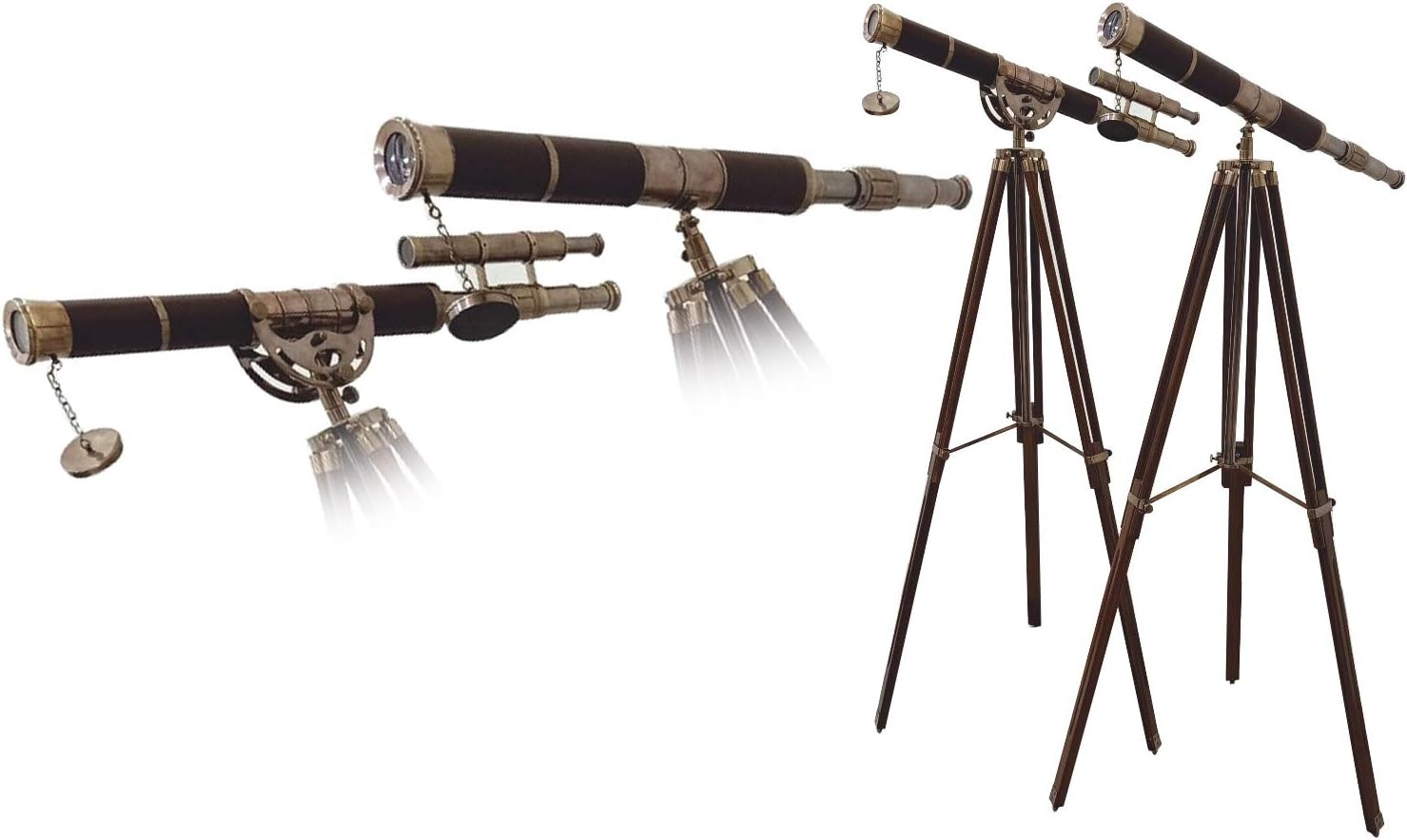 A Vintage Decorative Brass Telescope Brown Leather Single & Double Barrel Antique Tripod Set of 2 Rustic Vintage Home Decor Gifts