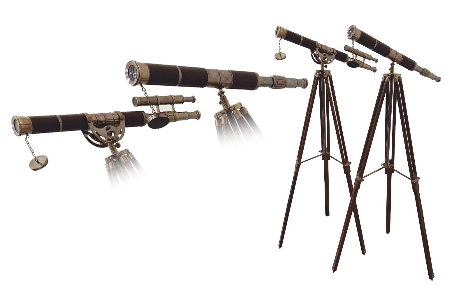 A Vintage Decorative Brass Telescope Brown Leather Single & Double Barrel Antique Tripod Set of 2 Rustic Vintage Home Decor Gifts