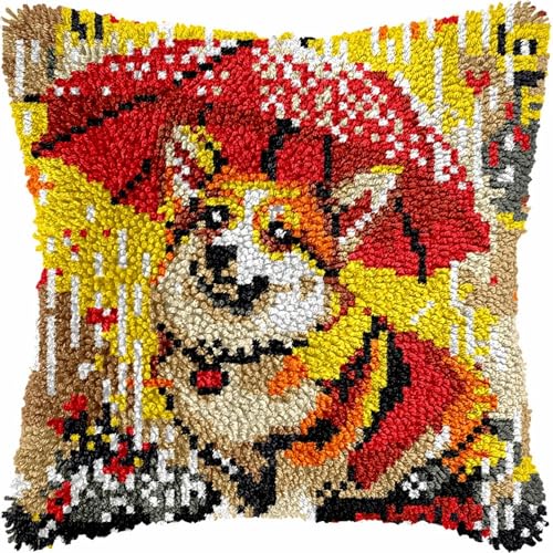 Haakpakket kussen Latch hook pillow Cushion kit Corgi Hond Rode Paraplu Rainday Vloerkleed Volwassene Kind Beginner DIY Handwerk Borduurwerk Handgemaakte Set Craft Bank Home Decor 43x43cm, 1st