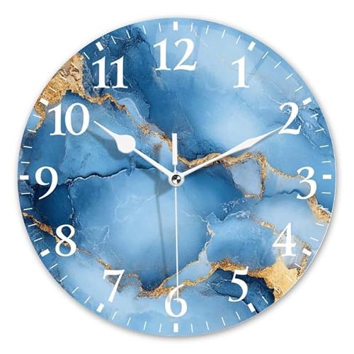 DTOIVSAT Battery Operated Round Wall Clock Non-Ticking Silent Analog Clcok Decorative for Living Room,Office,Kitchen-Deep Blue Marble with Dazzling Golden Cracks(10inch)