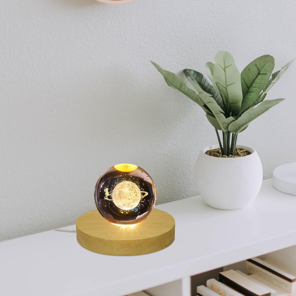 2pcs Wood Display Stand with USB Charging, Fine Workmanship LED Light Base for Crystal Items and Jewelry, 12cm Wide Wooden Sphere Stand for Home Decor
