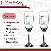 Vista 6 de Copas de champán personalizadas para boda, juego de 2 vasos de tostado, diseño de señor y señora con apellido, fecha y diseño de vid, vidrio