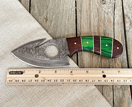 Winterfell Custom Handmade Gut Hook Hunting Knife With Leather Sheath, 7'' Inches Damascus Steel Full Tang Fixed Blade Survival Knife For Men With Wood Handle (Green) #TOP4