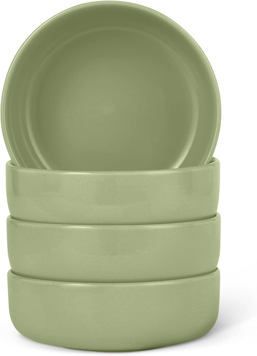 Amazon Basics Glazed Stoneware Bowls, 4-Piece Set, Microwave and Dishwasher-Safe, 20 oz. Capacity, 5.5 in., Olive