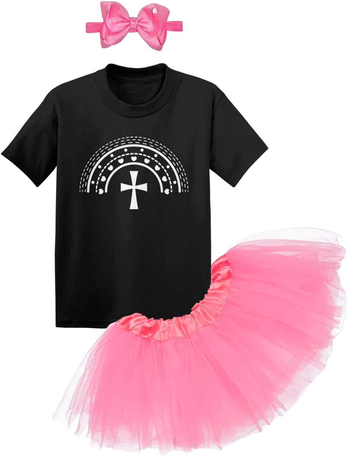 Cross With Pattern - Easter Hearts Lent Baby Bodysuit + Tutu Skirt + Bow Headband Set